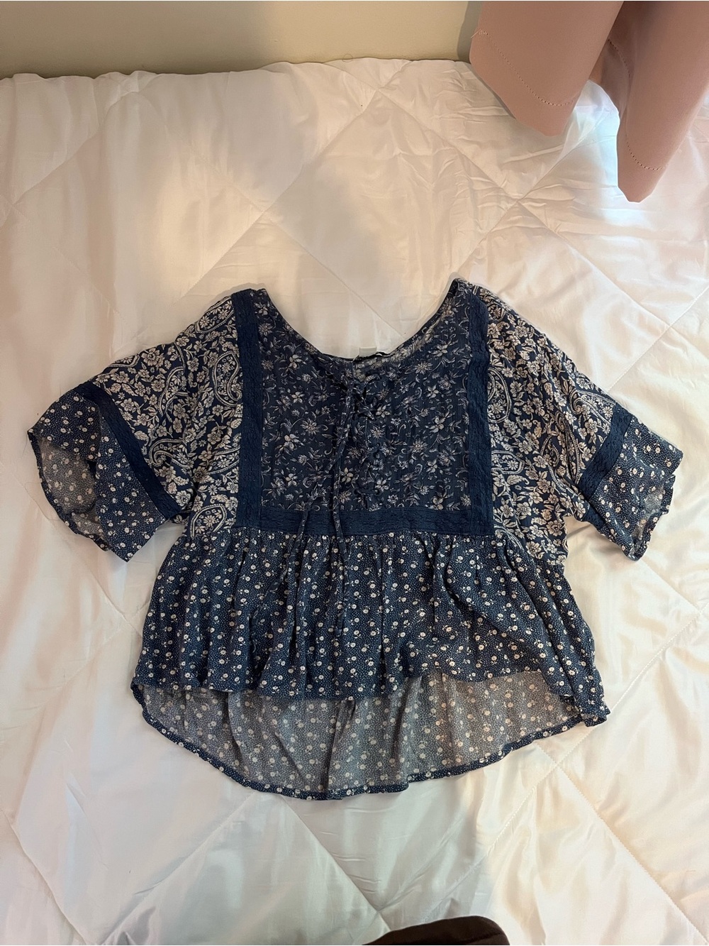 American Eagle Outfitters Navy Mixed-Print Peasant Top